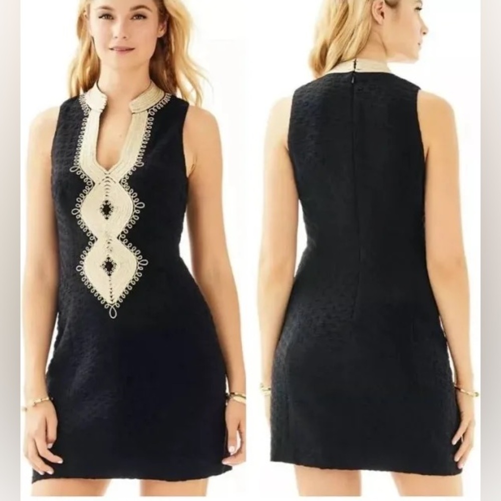 Lilly Pulitzer Alexa lined textured Shift Dress Gold Embroidery black EUC Sz 0